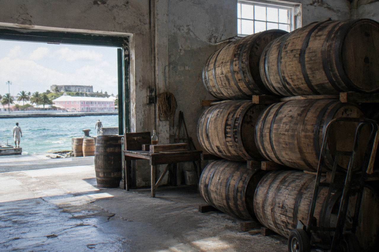 Oak rum barrels lined up inside a historic stone distillery storehouse with warm light