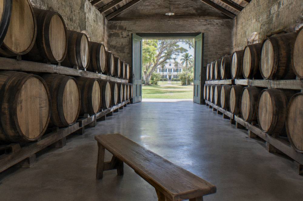 Wooden rum barrels stacked in a dimly lit aging warehouse