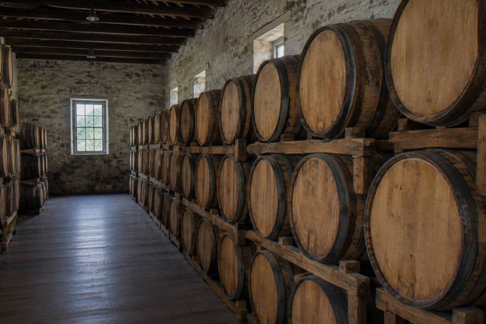Wooden barrels of aging rum stacked in a dim distillery storehouse