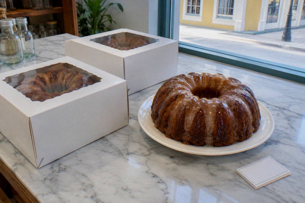 Packed suitcase with wrapped rum cake boxes tucked between folded clothes