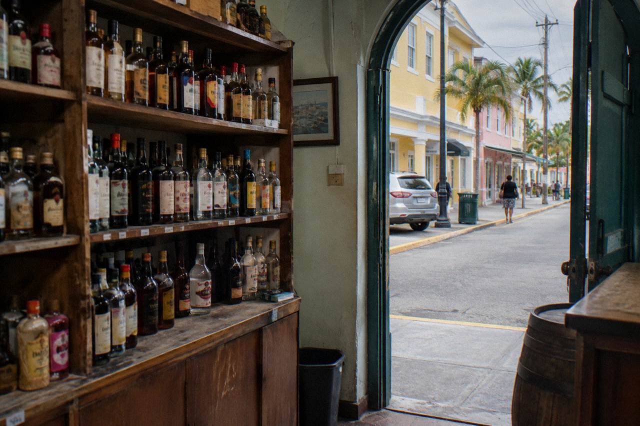 Rum bottles lined up on a wooden shelf beside a straw market bag in a sunlit shop