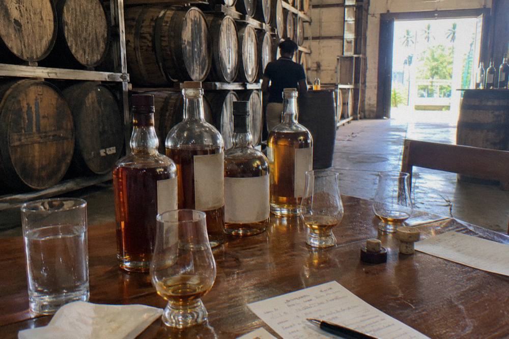 Wooden rum barrels stacked inside a distillery storehouse with sunlight through open doors