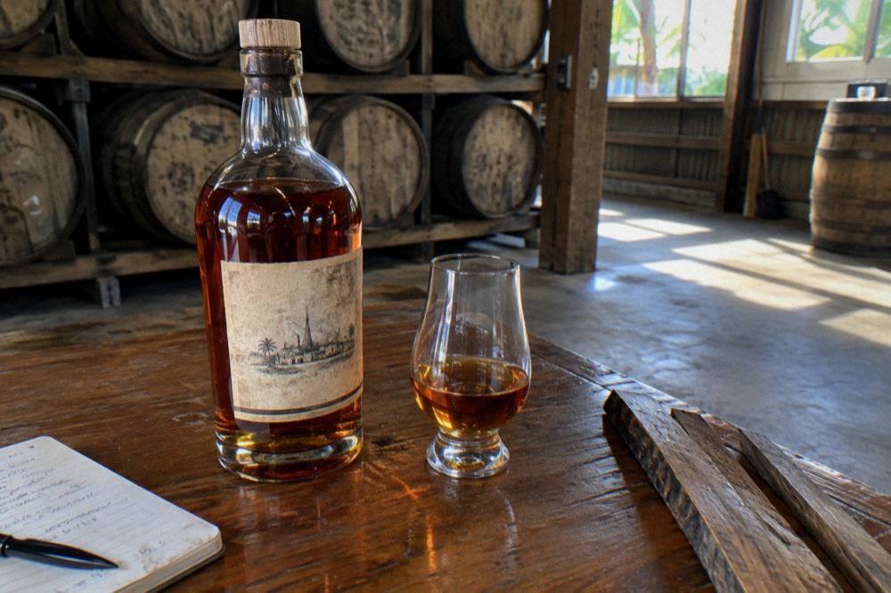 Amber rum bottle and tasting glass on a wooden distillery bar counter