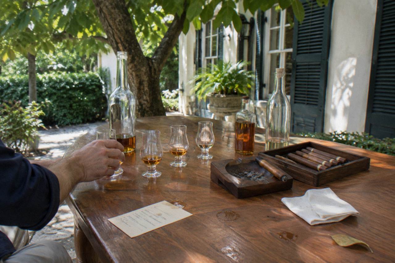 Cigar rollers working at a wooden table beside rum glasses in a historic Nassau estate
