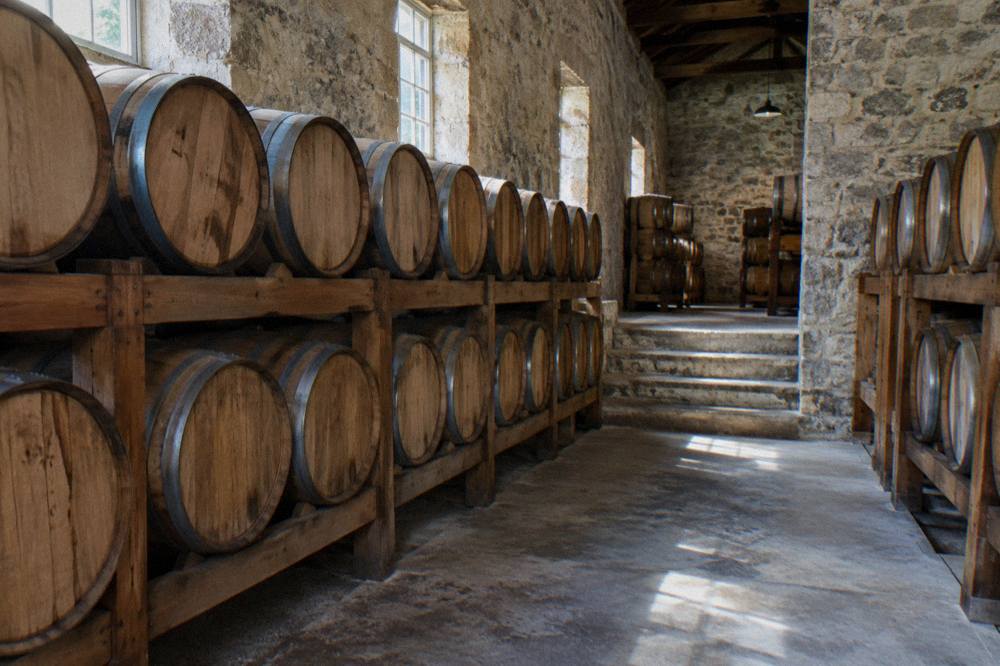 Six glasses of amber rum lined up on a wooden tasting counter