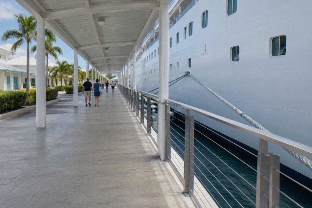 White cruise ship docked at a busy waterfront terminal with palm trees along the quay