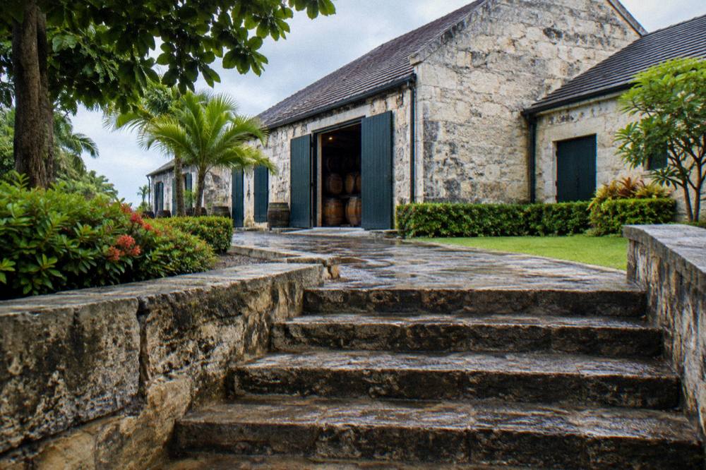 Tropical garden pathway leading to a historic estate building among palm trees