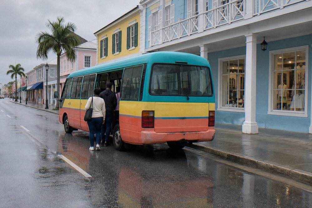 Colorful painted bus parked on a Nassau street with palm trees