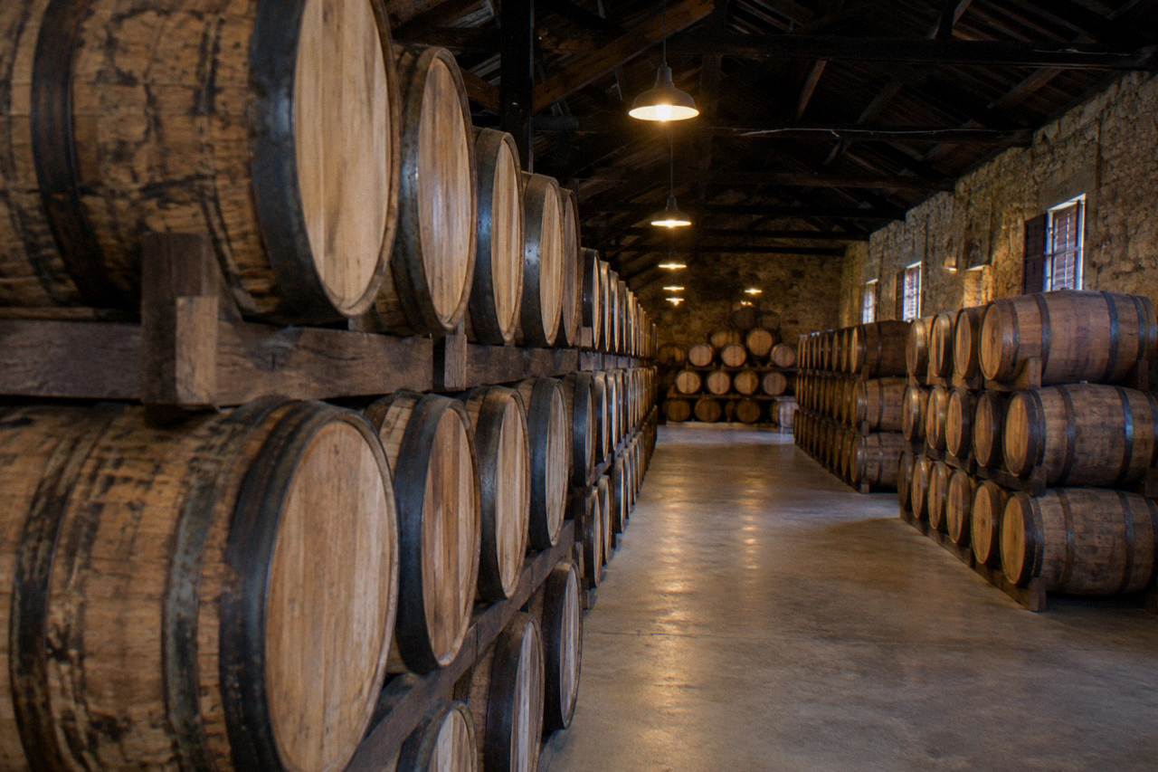 Aging barrels of rum stacked in a distillery storehouse with warm light through wooden rafters