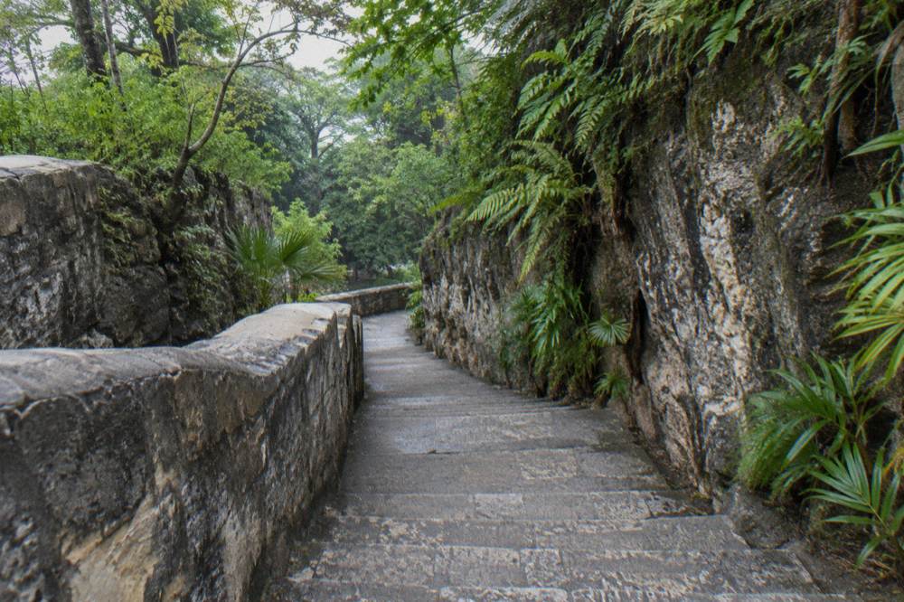 Hand-carved limestone staircase rising between shaded rock walls in Nassau