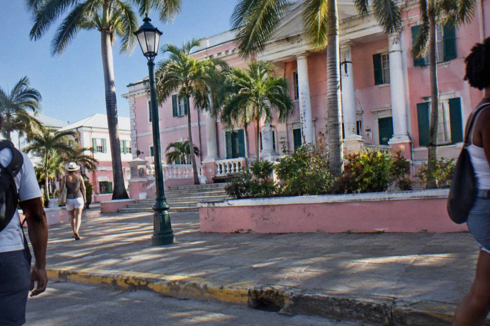 Colorful historic government buildings at Parliament Square in Nassau