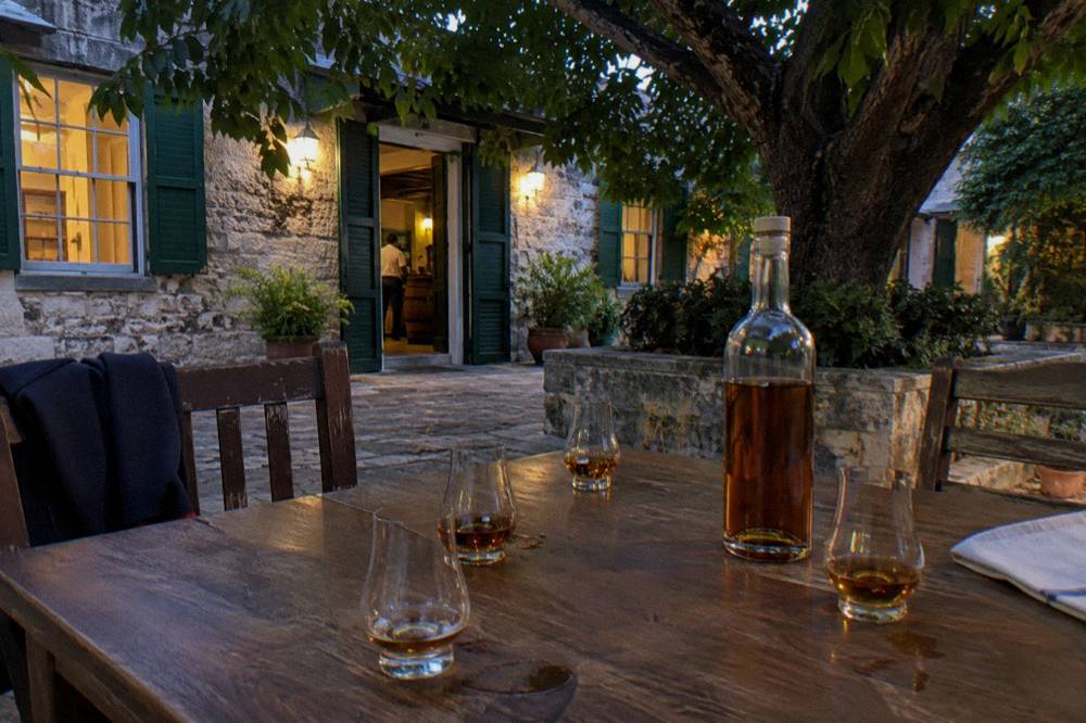 Rum tasting glasses and small plates arranged on a wooden bar top