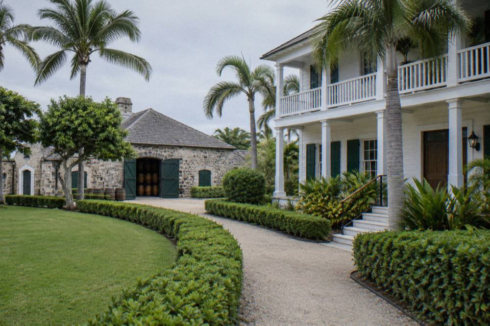 Historic stone distillery building with white columns set among palm trees on a hill